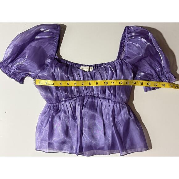 Thirty Thirty Women Purple Sheer Off Shoulder Puff Sleeve Fairycore Crop Top SM - Picture 3 of 6